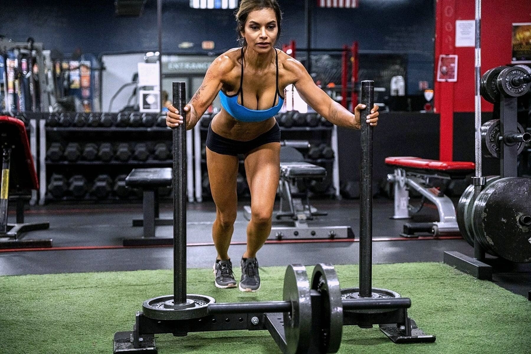 Monica pushes a weighted training sled across the turf at Shark Fitness.