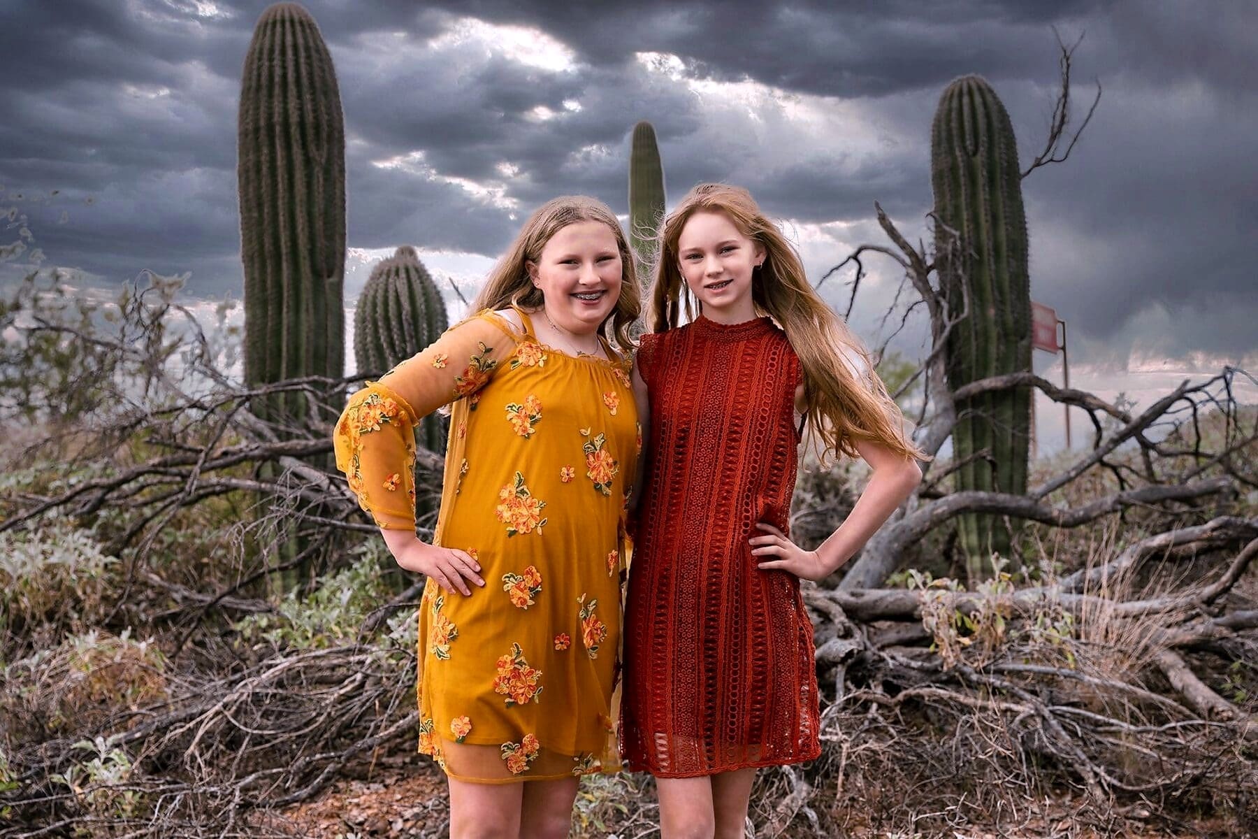 Two women in yellow and rust dresses stand together among saguaros beneath stormy clouds.
