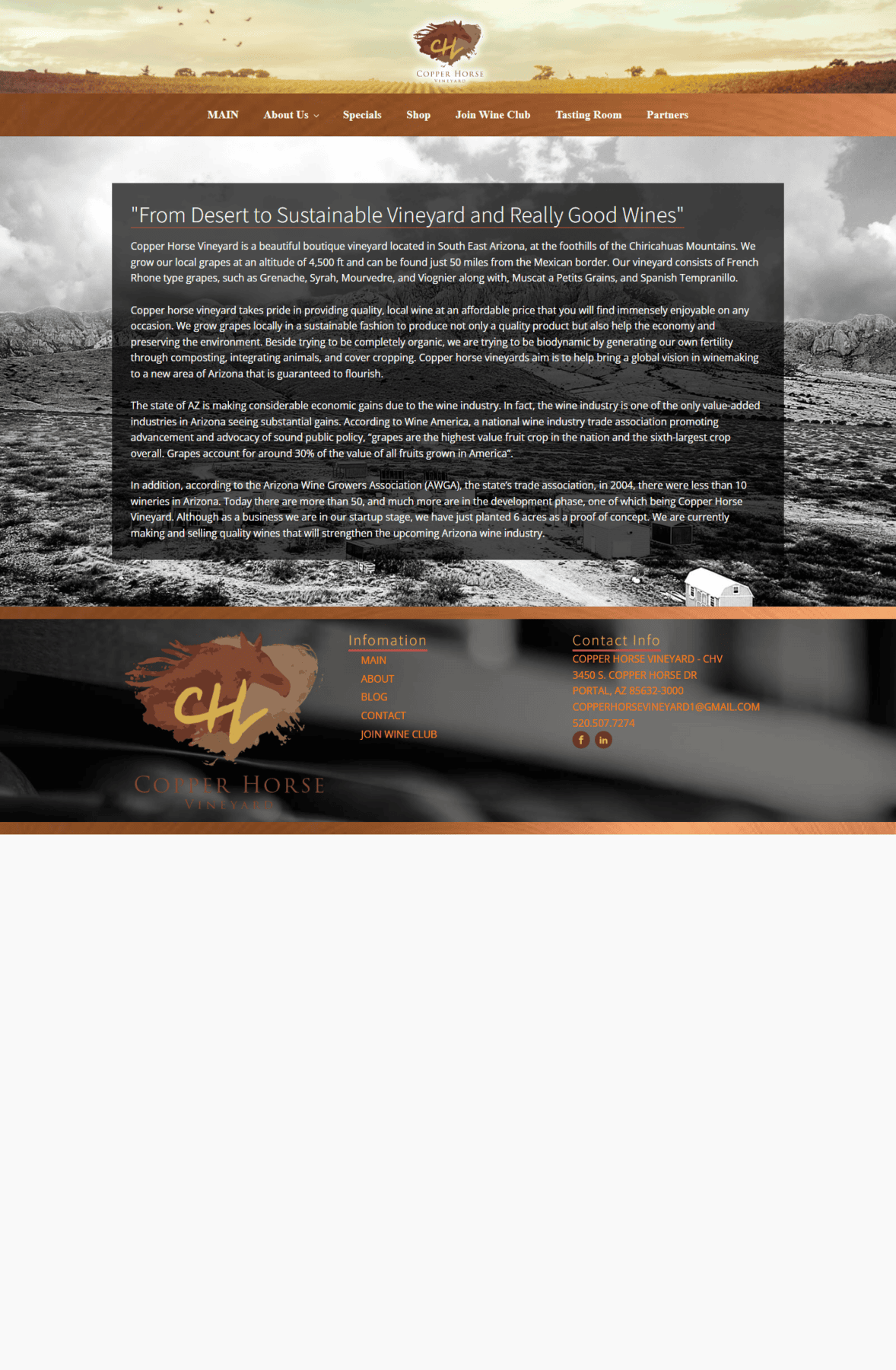 Copper Horse Vineyard about page using landscape photography and long-form vineyard storytelling.