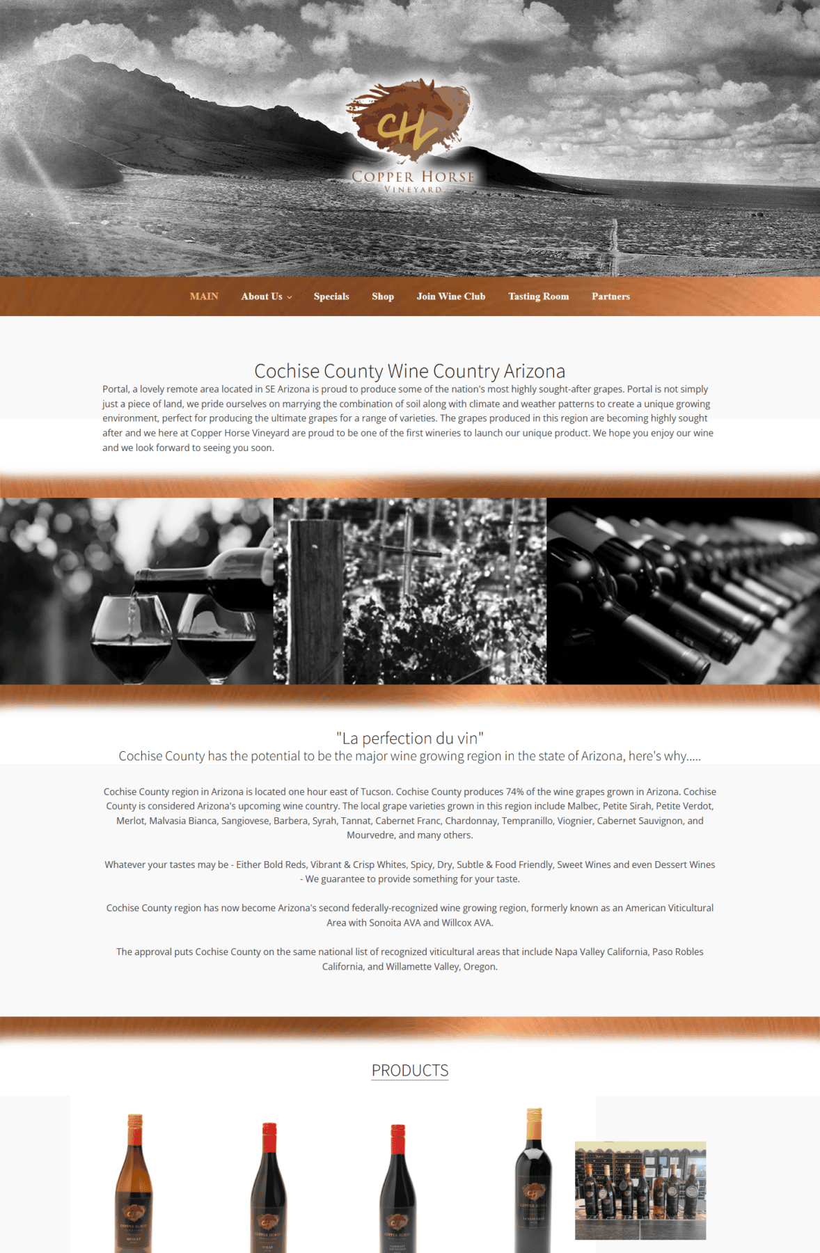 Desktop view of the Copper Horse Vineyard WordPress homepage using original vineyard and wine photography.