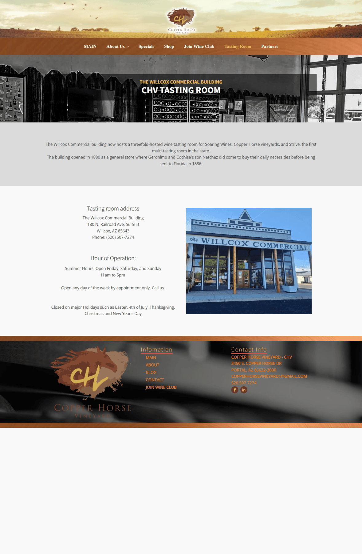 Copper Horse Vineyard tasting room page showing visitor-oriented winery information.